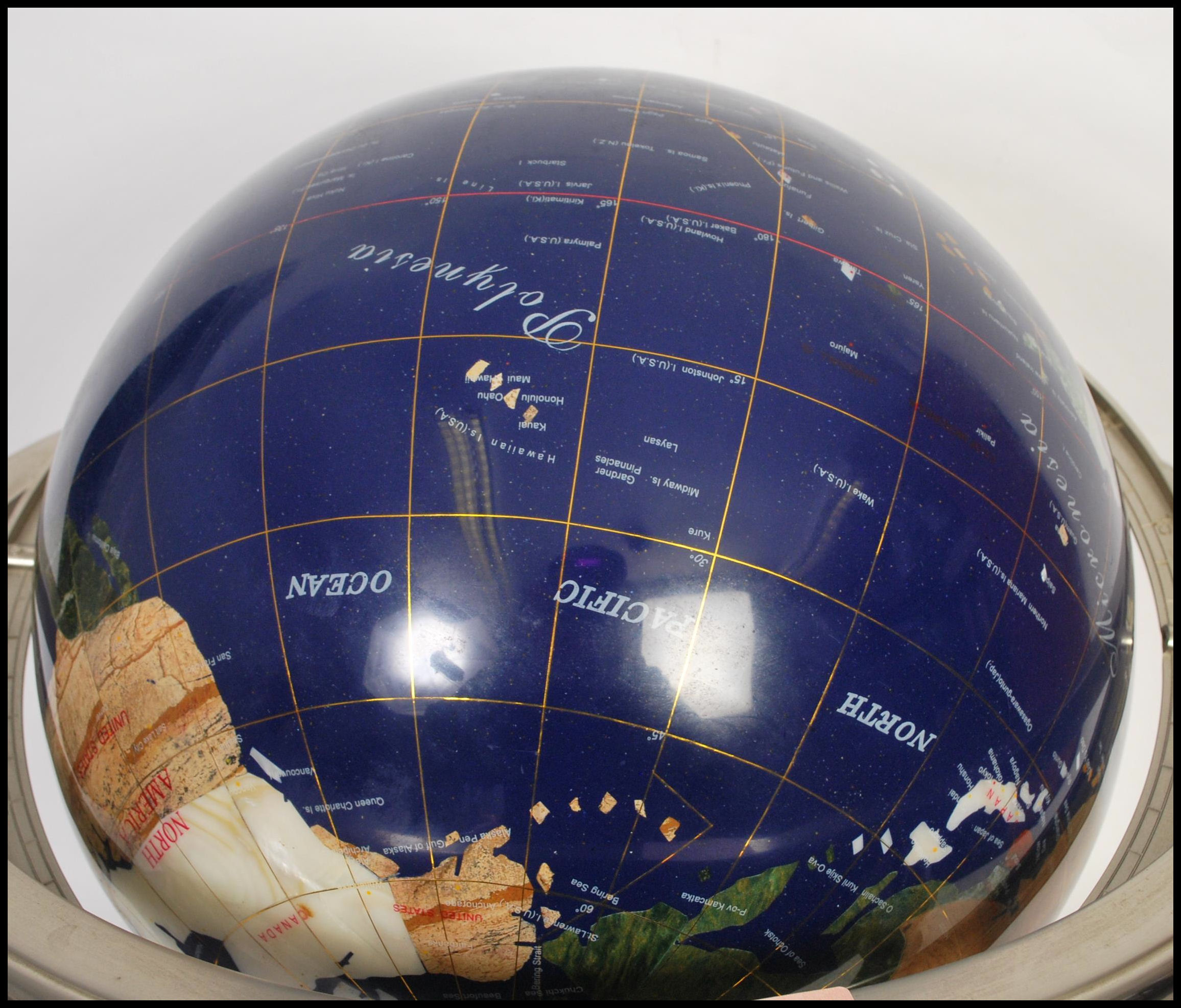 A large vintage style lapis lazuli desk top globe having a chrome gimbal mount with inset semi - Image 3 of 7