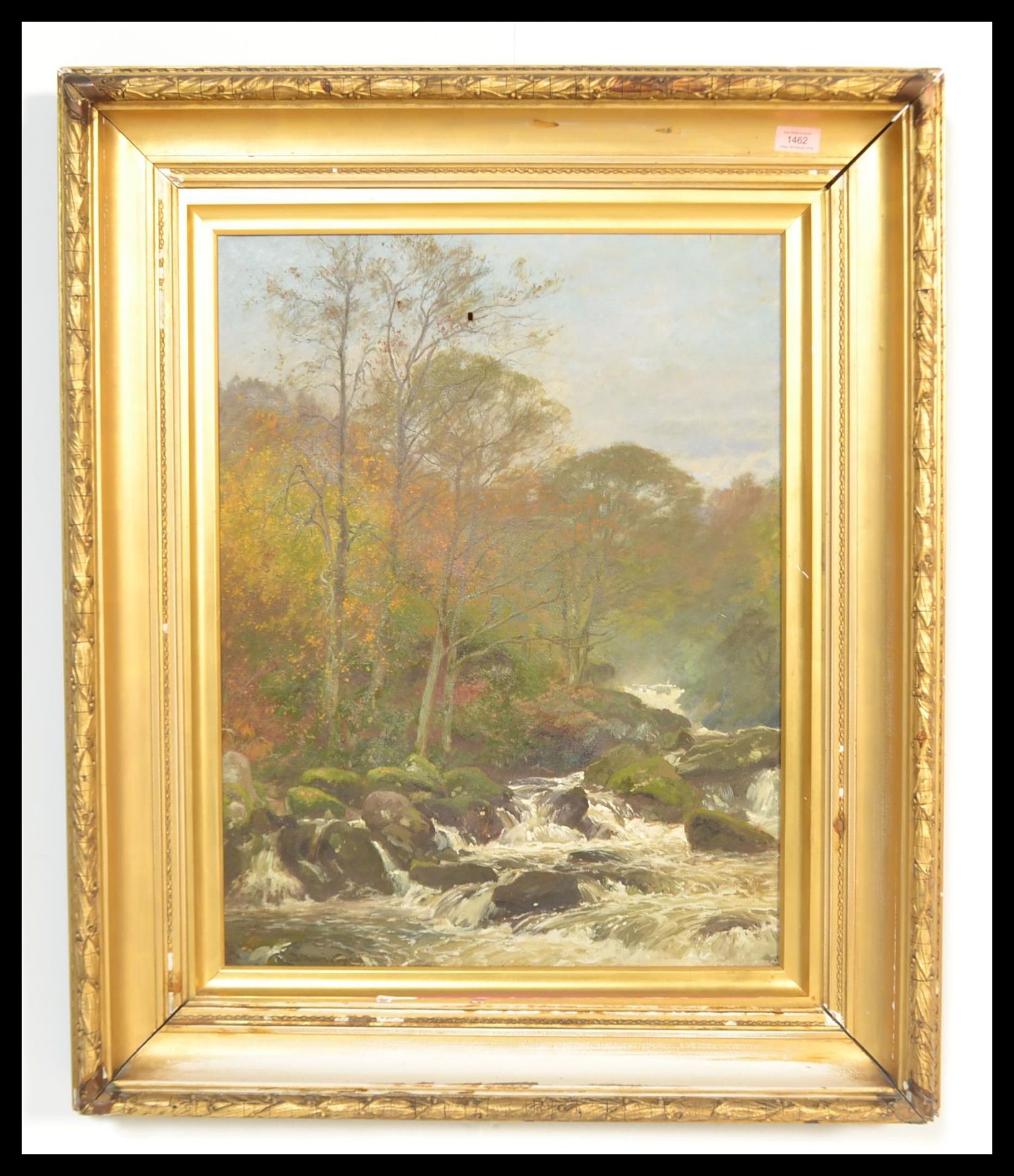 A 20th Century painting on canvas depicting a winter woodland scene with a river flowing over