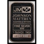 A Johnson Matthey 999 fine silver one troy ounce silver ingot, stamped Johnson Matthey, Fine