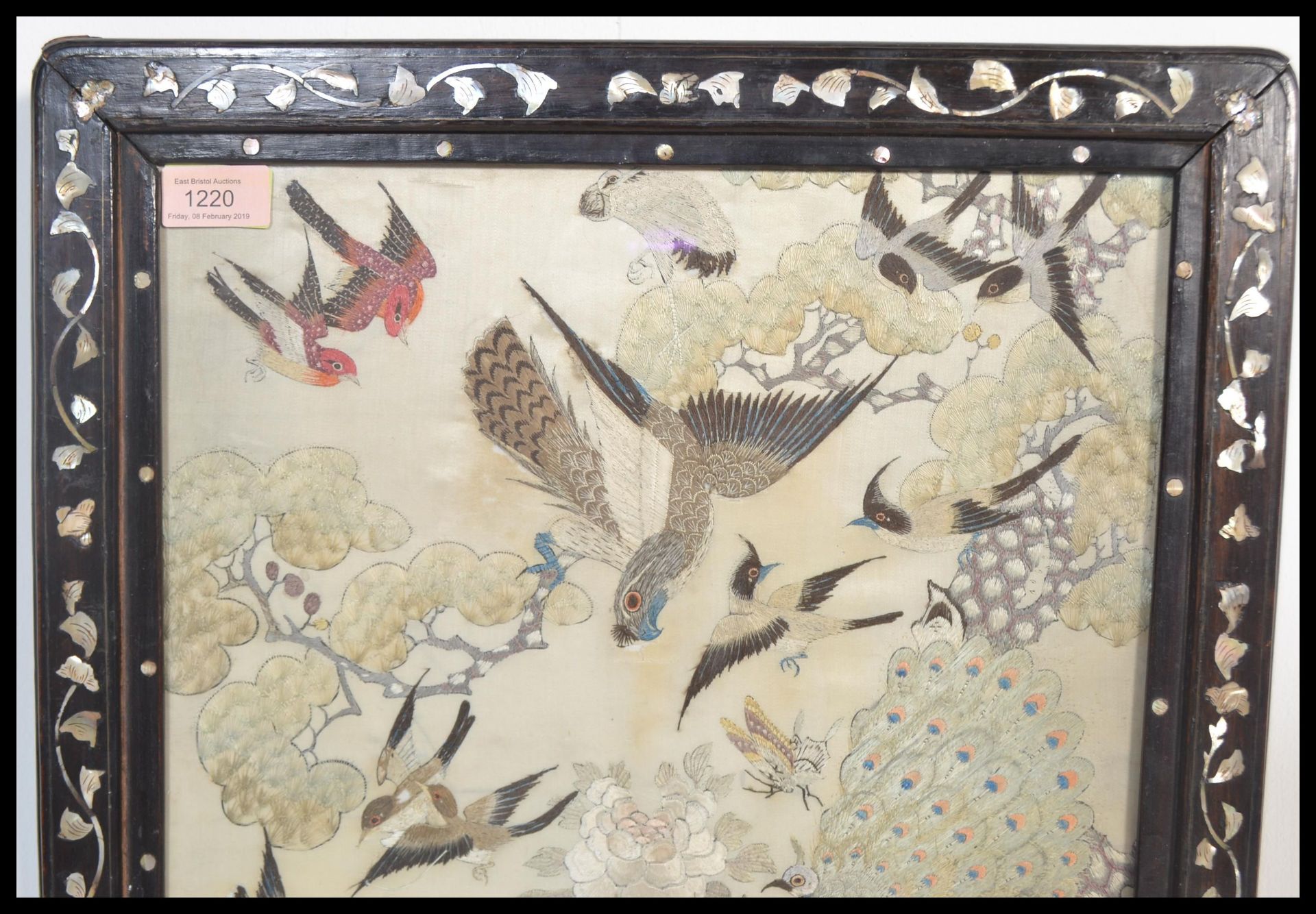 A 19th Century Chinese silk panel having intricate decoration of birds of paradise including - Bild 3 aus 5