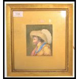 A 19th Century watercolour portrait painting depicting a cavalier facing left set to an ornate