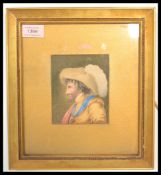 A 19th Century watercolour portrait painting depicting a cavalier facing left set to an ornate