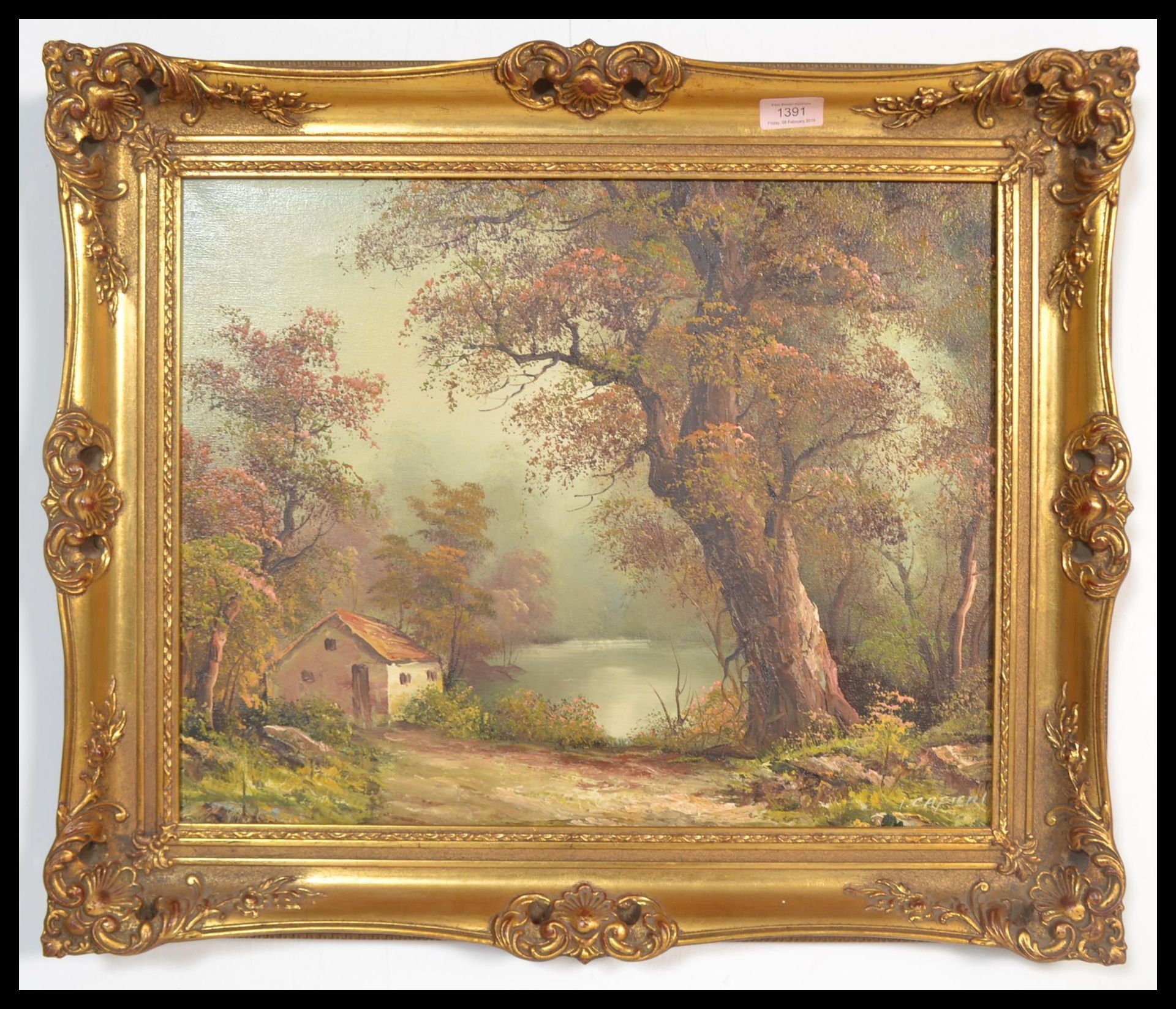 A 20th Century German oil on canvas painting by Irene Cafieri depicting a rural scene with tree