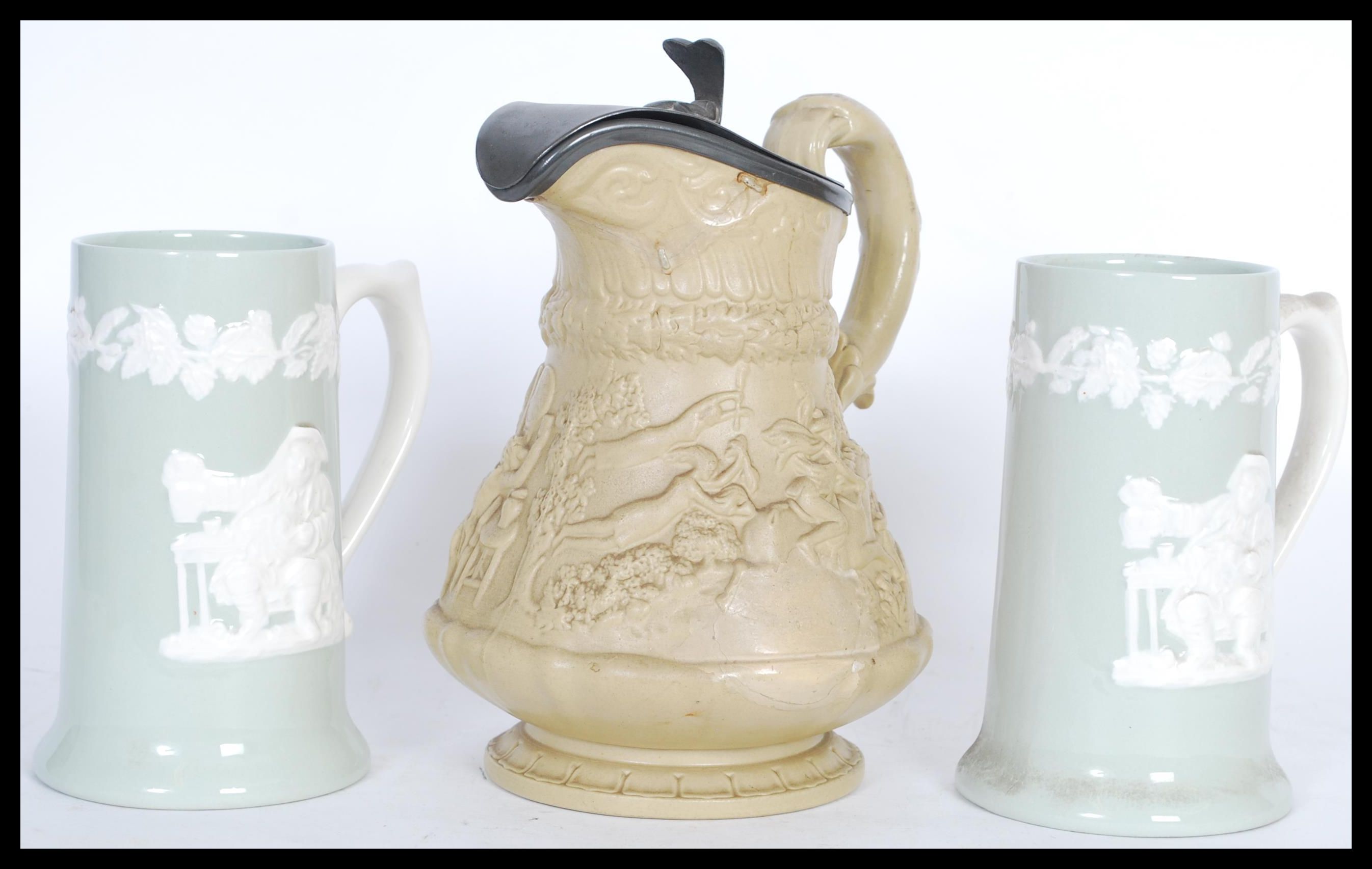 A 19th Century Victorian W. Ridgway & Co stamped 1835, and two Spode Fortuna cameo jugs having a