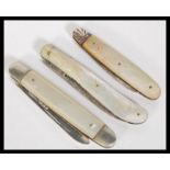 A group of three hallmarked silver and mother of pearl fruit pen knives consisting of a mid 19th