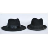 A vintage gents moleskin Trilby hats with band set to the hat together with another vintage Fedora