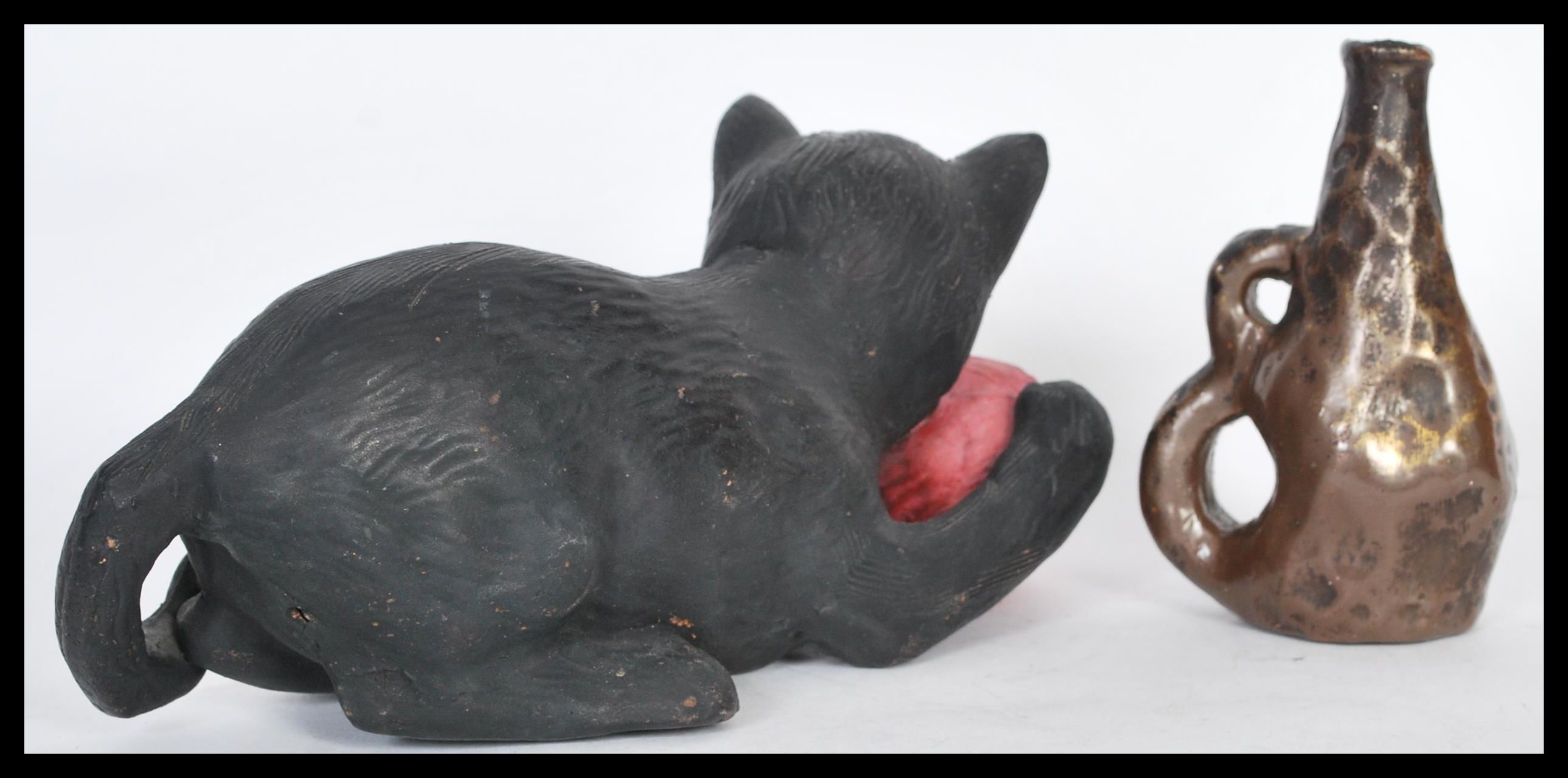 A Bretby figurine in the form of a cat with a ball of pink yarn no. 1618 and a smaller art pottery - Image 3 of 4