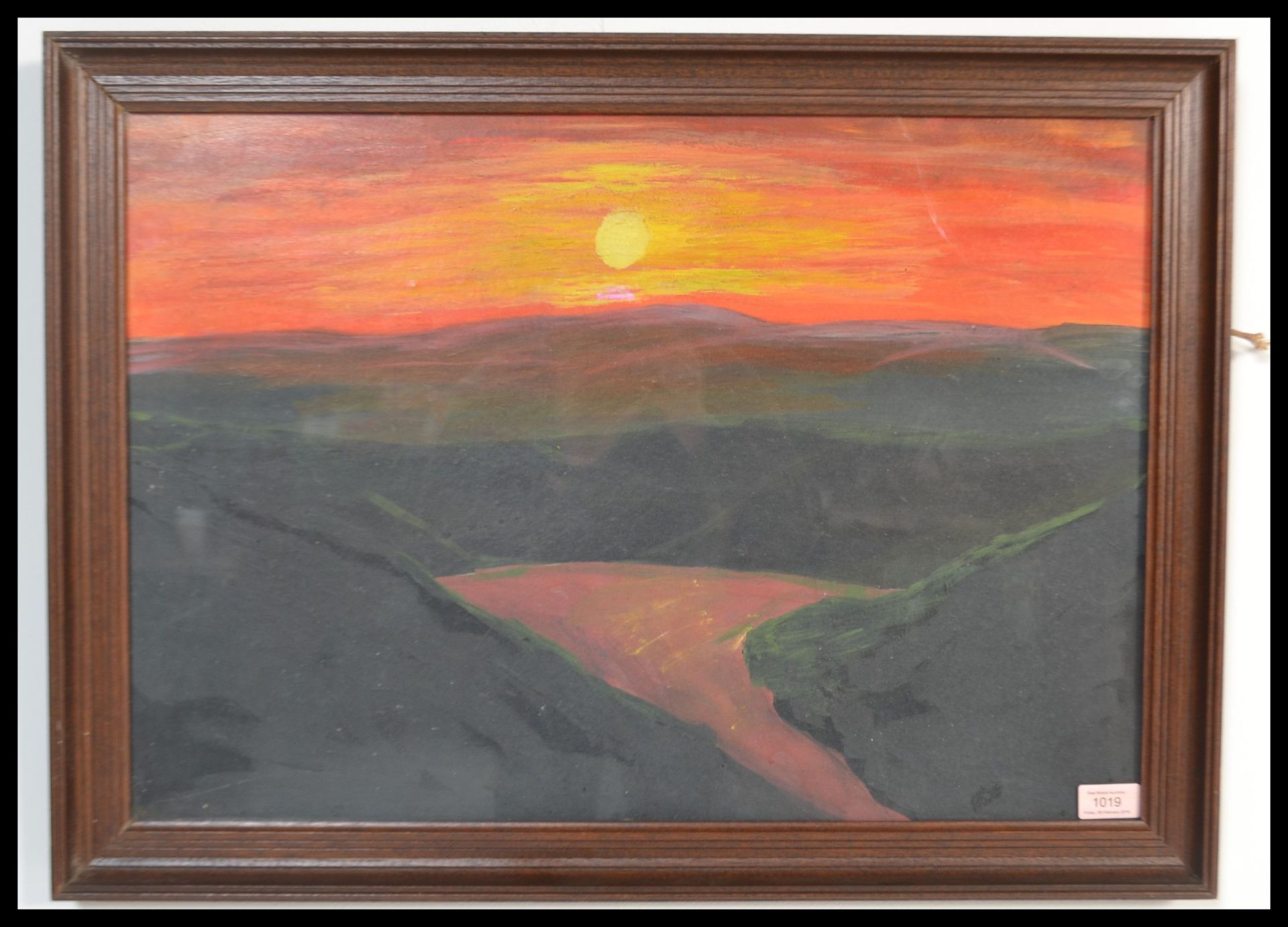 A framed and glazed mid 20th Century abstract oil on board painting depicting a sunset / sunrise.