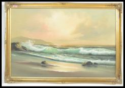 Schubert - A 20th Century painting on canvas depicting a seascape at dusk with pink hues to the sky,