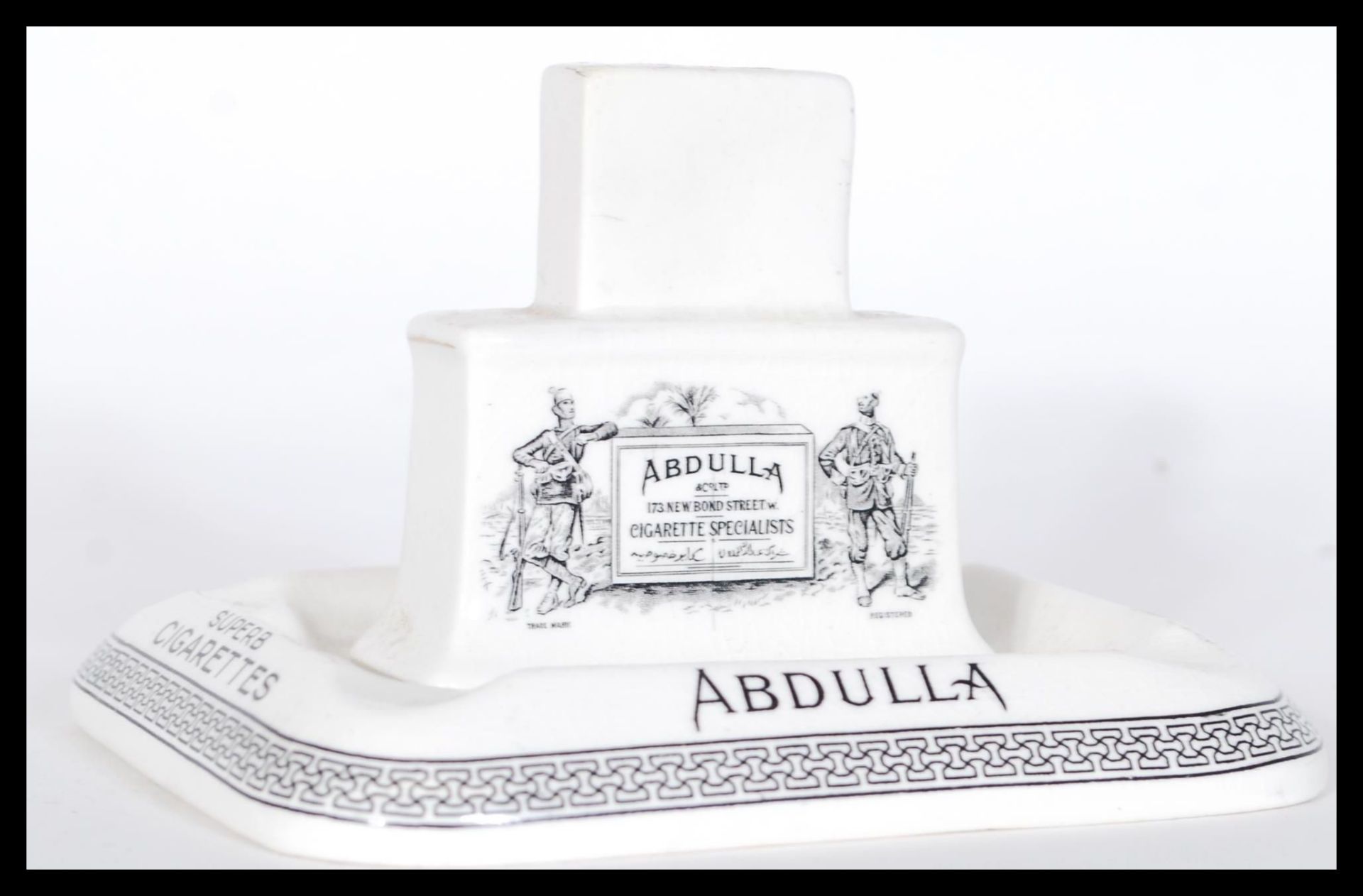 A vintage early 20th Century advertising point of sale ceramic Abdulla Superb Cigarettes matchbox
