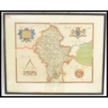 A 20th Century print of Saxton's Map of Staffordshire with coloured highlighting, coats of arms