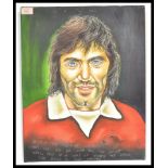 A contemporary artists impression of George Best, the representation painted on canvas with with the