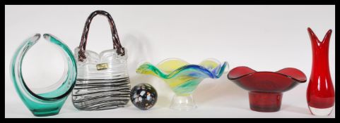 A group of vintage 20th Century studio art glass to include a Murano Vincenza glass handbag with