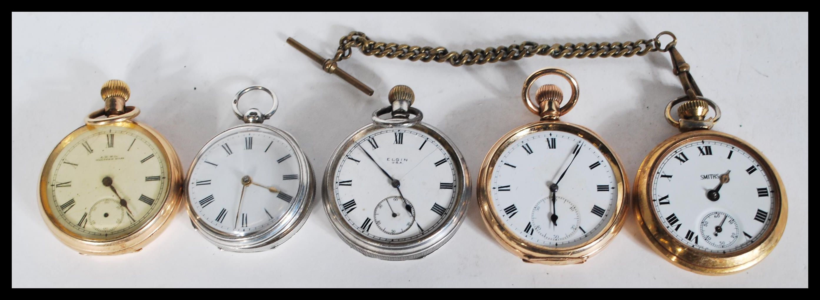 A collection of pocket watches to include two silver hallmarked examples, Waltham, Smiths etc. (5)