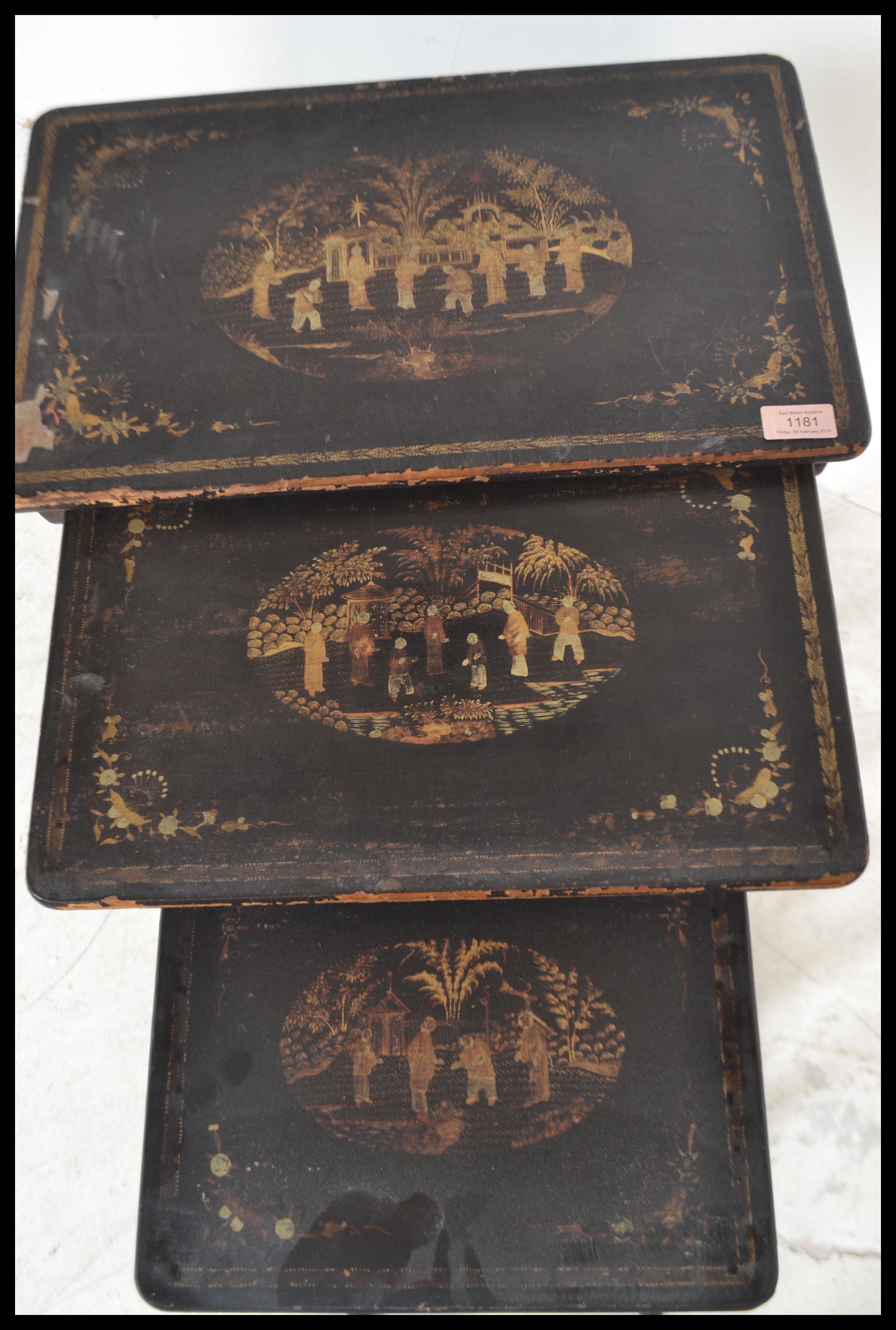 A 19th Century nest of three graduating Japanese silvered black lacquer tables, the tops with pagoda - Image 5 of 5