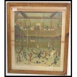 An early 20th Century framed coloured print by Louis Wain depicting cats within a gymnasium,