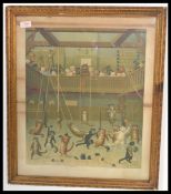 An early 20th Century framed coloured print by Louis Wain depicting cats within a gymnasium,