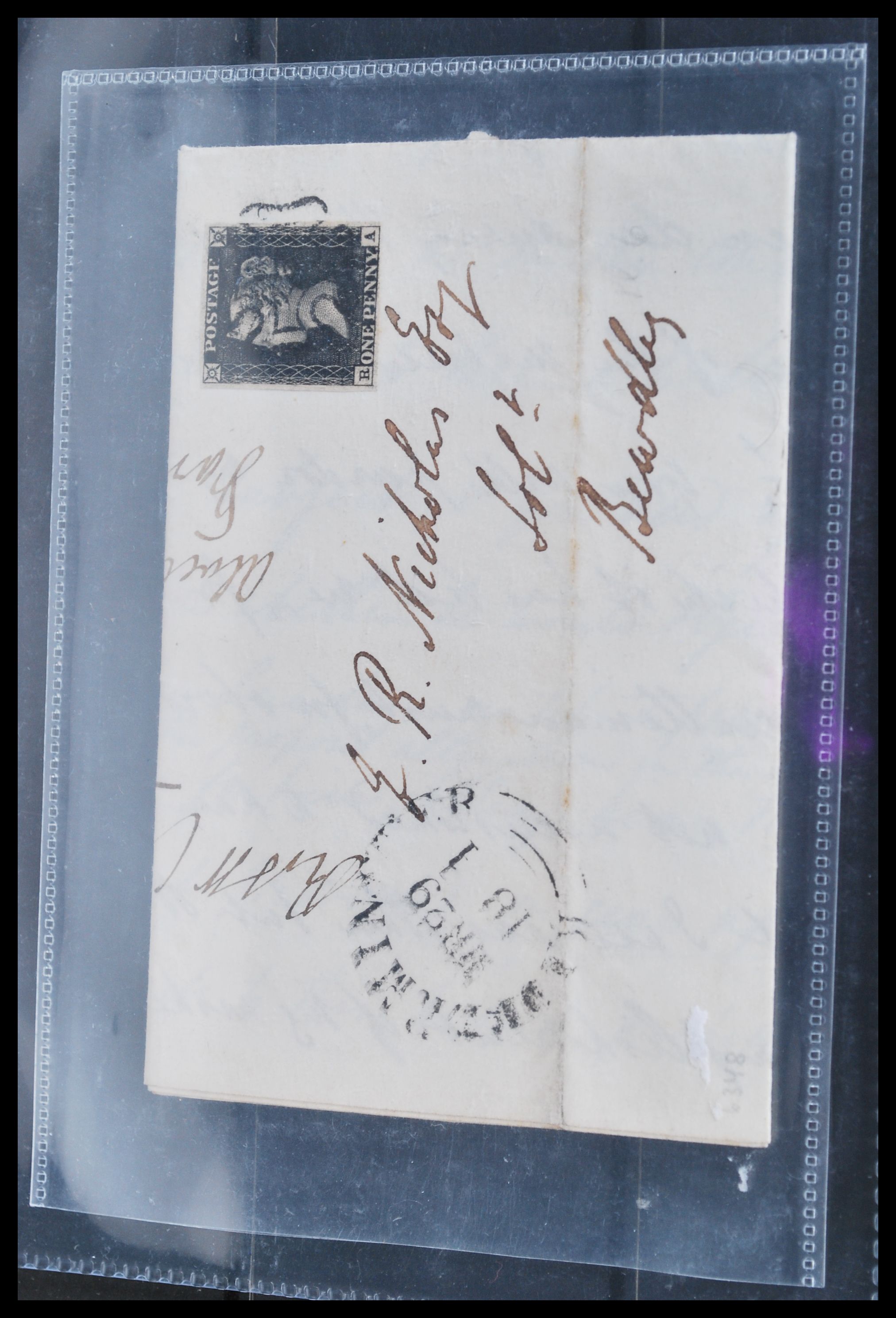 1841 1d Penny Black stamp. Four margin on complete lettersheet from Alveley, Shropshire to Bewdley,