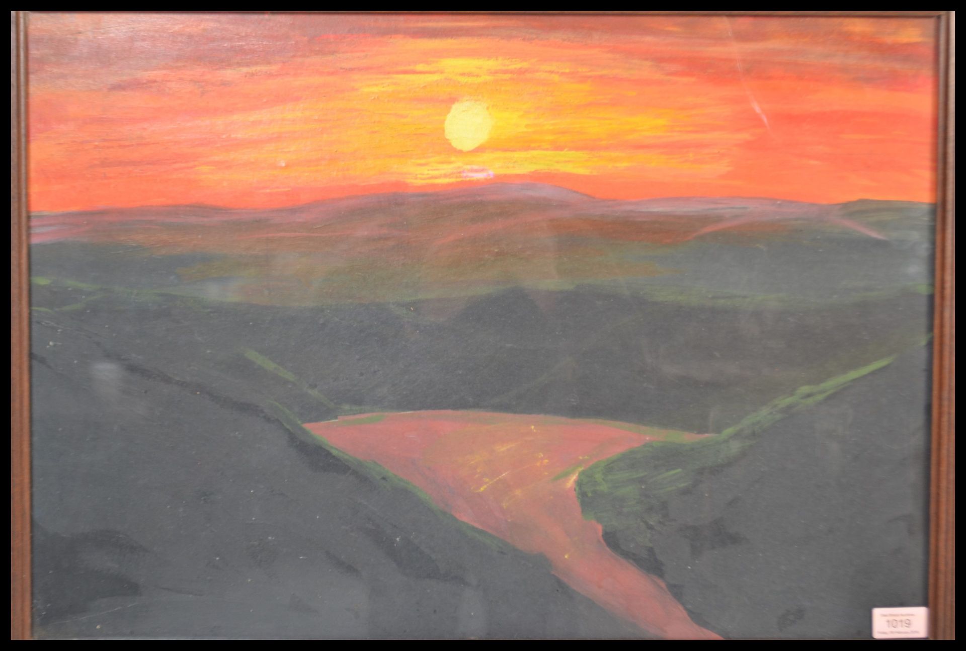 A framed and glazed mid 20th Century abstract oil on board painting depicting a sunset / sunrise. - Bild 2 aus 3