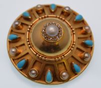 A 19th century Etruscan revival French gold, pearl ,diamond and turquoise locket brooch pin. The