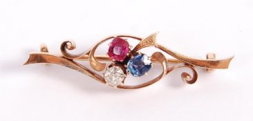 VICTORIAN 15CT RUBY SAPPHIRE AND DIAMOND BROOCH