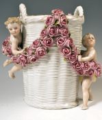 A SCHIERHOLZ PLAUE GERMAN PORCELAIN ENCRUSTED BASKET VASE