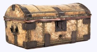 EARLY 19TH CENTURY COWHIDE LEATHER STAGECOACH TRUNK