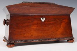 A 19TH CENTURY REGENCY ROSEWOOD SARCOPHAGUS DOUBLE TEA CADDY