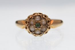 LATE VICTORIAN 18CT GOLD EMERALD AND PEARL CLUSTER RING