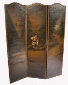 A 19TH CENTURY VICTORIAN LEATHER PAINTED 3 FOLD DRAUGHT SCREEN