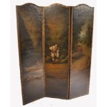 A 19TH CENTURY VICTORIAN LEATHER PAINTED 3 FOLD DRAUGHT SCREEN