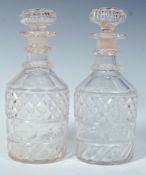 PAIR OF EARLY 19TH CENTURY SMALL CUT GLASS TRAVELLING DECANTERS