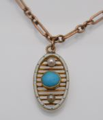 A late Victorian gold, turquoise enamel & seed pearl pendant on a fetter and three bracelet