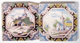 A PAIR OF 18TH CENTURY DUTCH DELFT MANGANESE CHURCH TILES