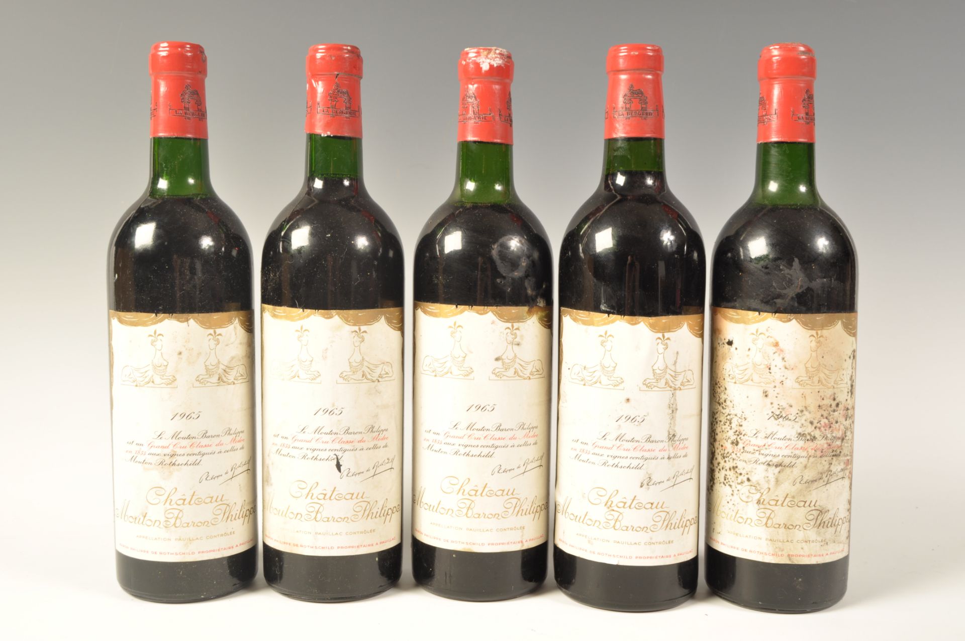 5 BOTTLES OF 1965 CHATEAU MOUTON BARON PHILIPPE RED WINE