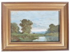 ATTRIBUTED TO JACOB HENRICUS MARIS OIL PAINTING OF LANDSCAPE ON TILE