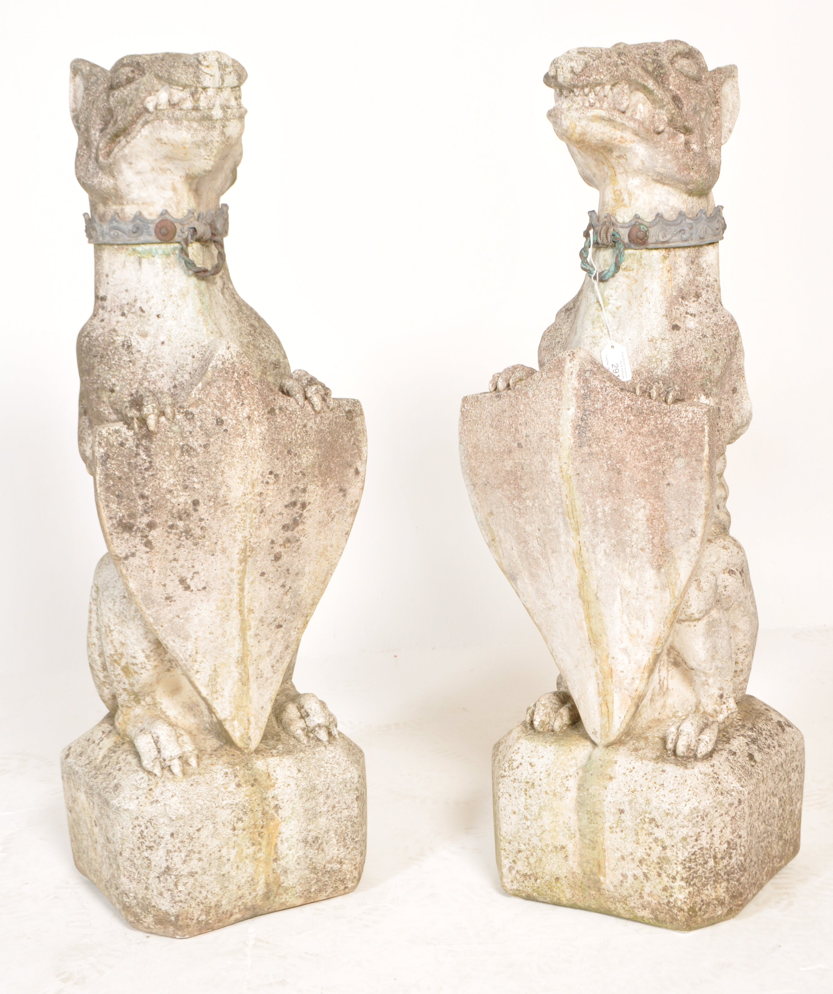 PAIR WEATHERED 20TH CENTURY STONE GROTESQUE GARDEN STATUE DOGS