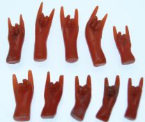 A collection of Victorian coral hands ranging in size from approx 8mm -13mm.