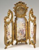 A late 19th / early 20th Century Austrian Viennese enamel and ormolu miniature triptych clock. The