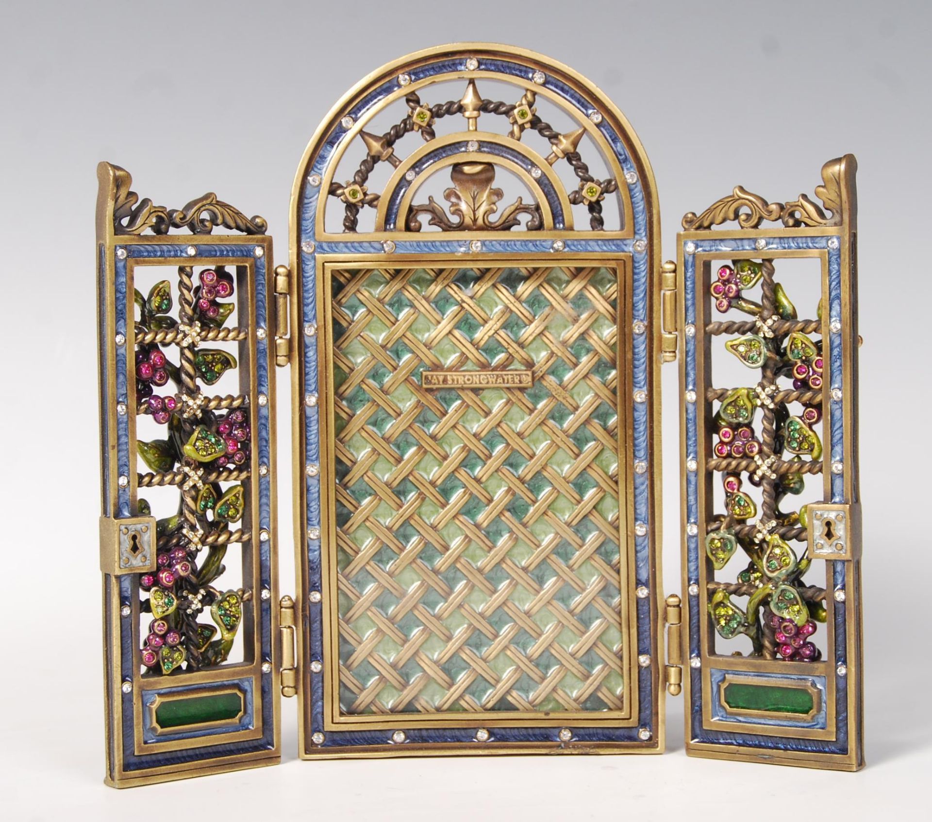 JAY STRONGWATER ENAMEL & JEWEL ENCRuSTED TRIPTYCH PICTURE FRAME