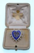 19TH CENTURY BLUE ENAMEL DIAMOND AND SEED PEARL SWEET HEART BROOCH