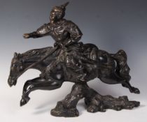 CHINESE BRONZE STATUE OF WARRIOR GOD GUAN ON HORSE.