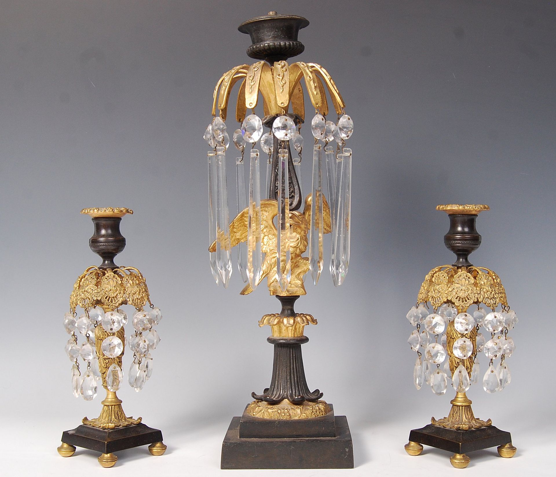 EARLY 19TH CENTURY WILLIAM IV 3 PIECE LUSTRE GARNITURE CANDELABRA