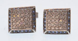 14CT WHITE GOLD SAPPHIRE AND DIAMOND PAVE SET EARRINGS