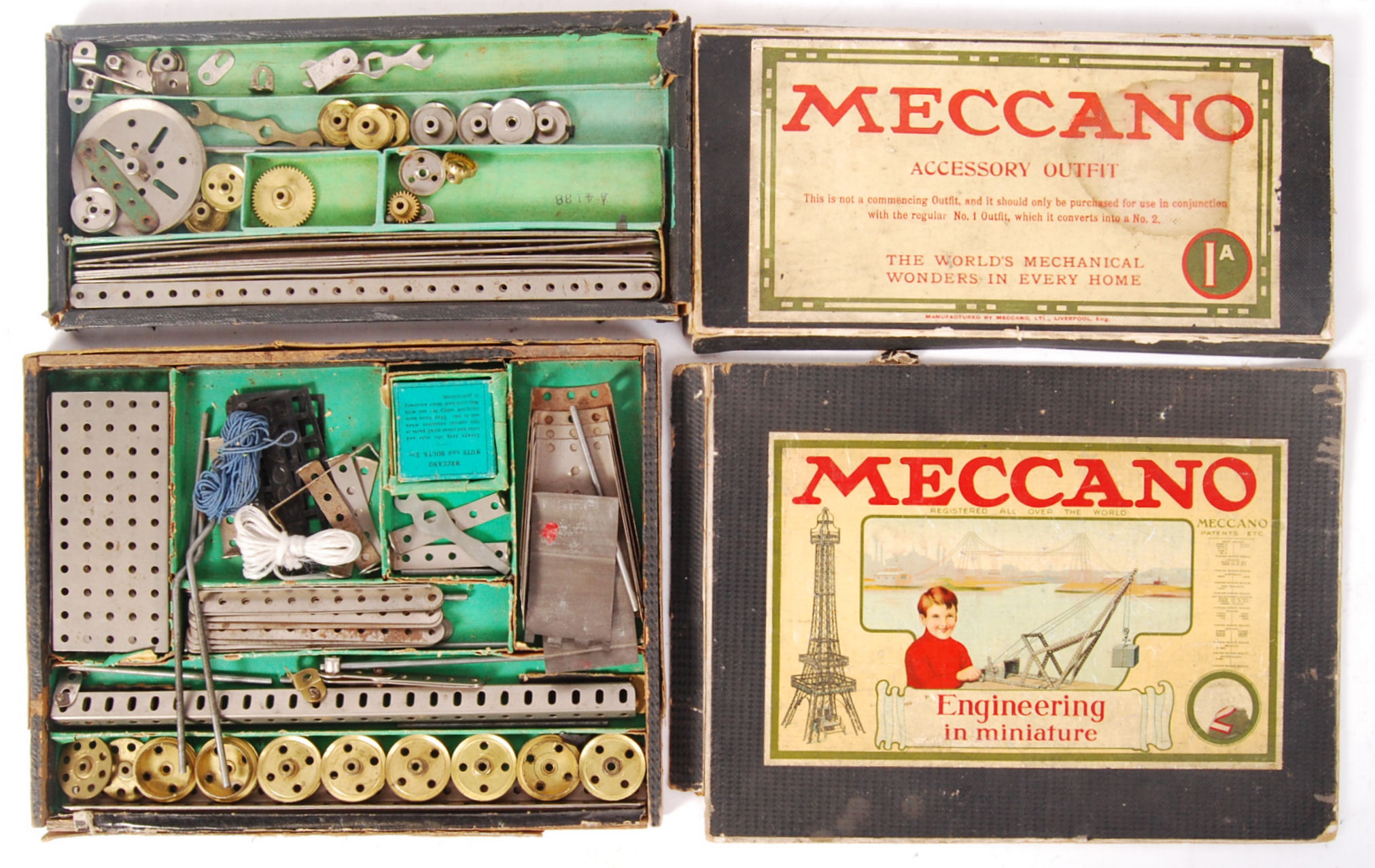 EARLY 1920'S MECCANO SETS 1A & 2 - BOTH WITH ORIGINAL CONTENTS