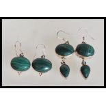 Two pairs of sterling silver and malachite drop ea