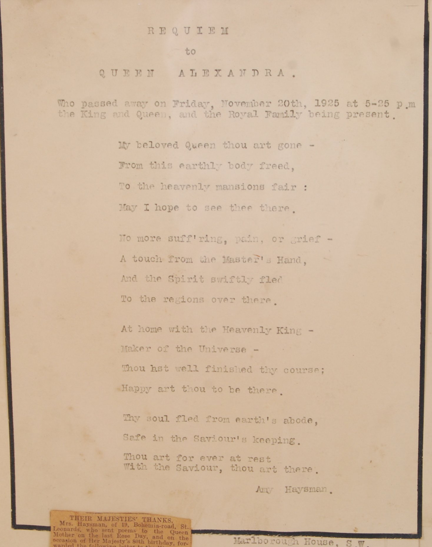 INTERESTING DEATH OF QUEEN ALEXANDRA POEM AND LETT - Image 2 of 4