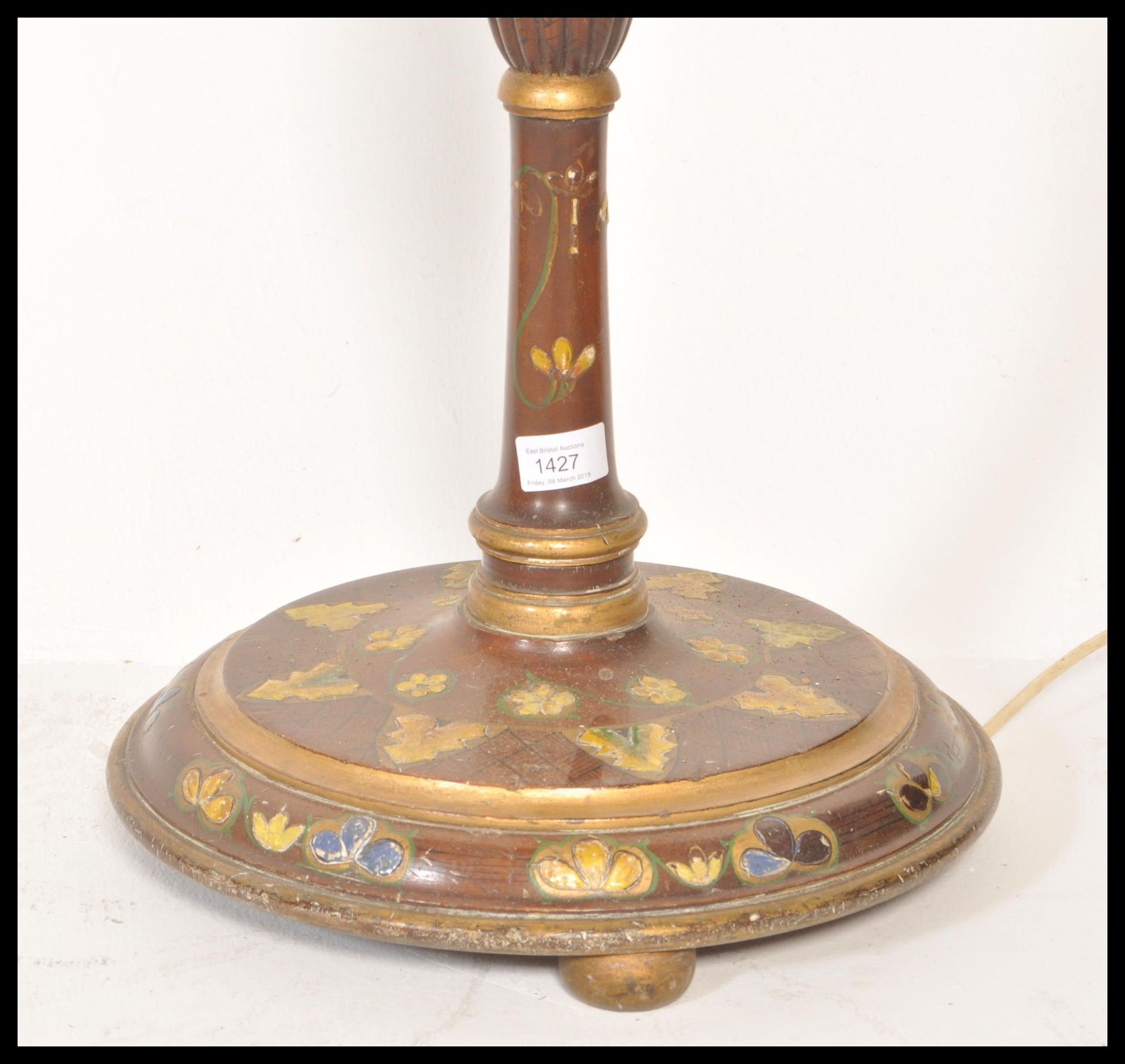 A 19th Century mahogany standard lamp raised on circular base with floral decoration and central - Bild 2 aus 6