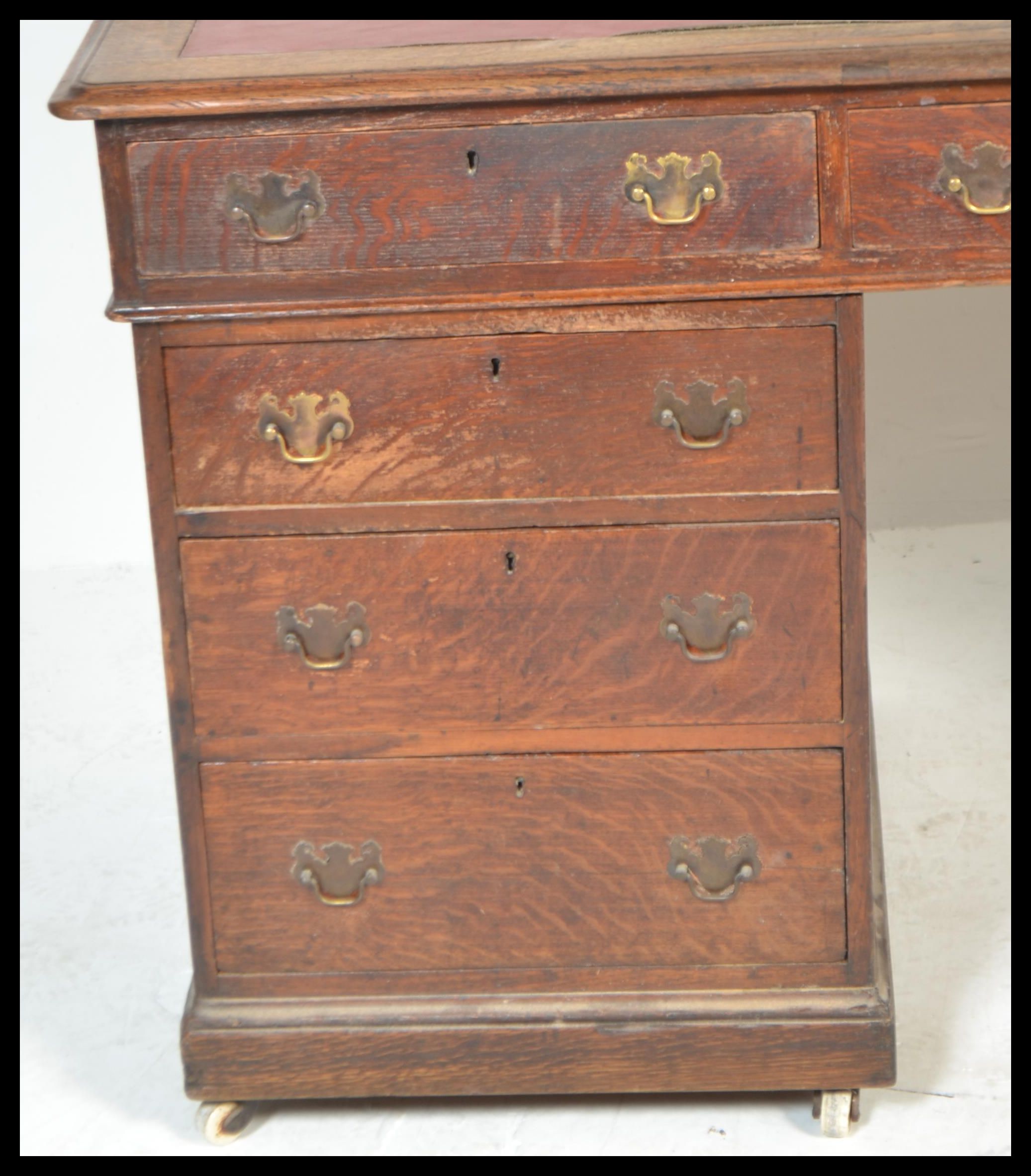 A 19th Century Victorian large oak twin pedestal desk having two banks of drawers having brass - Image 3 of 5