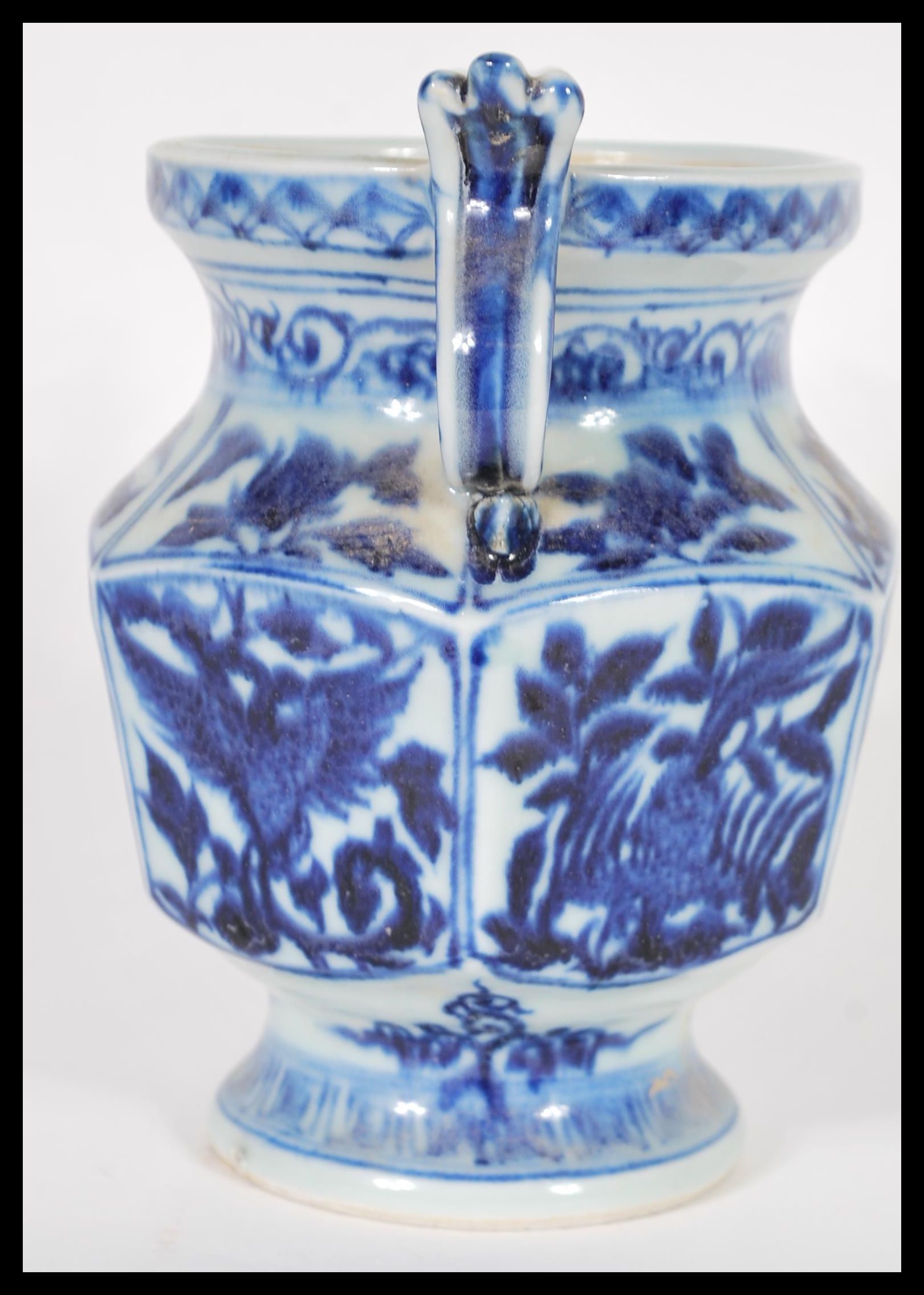 A 20th Century Chinese blue and white hand painted vase of hexagonal form having cartouche panels - Image 2 of 6